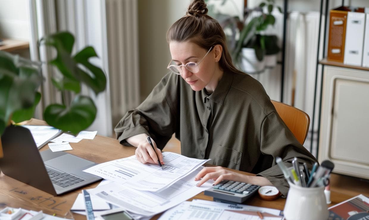 Žena pracuje s dokumenty a notebookem v čistém pracovním prostředí