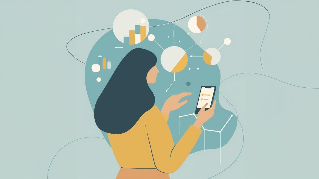 Žena analyzuje finanční data na smartphonu