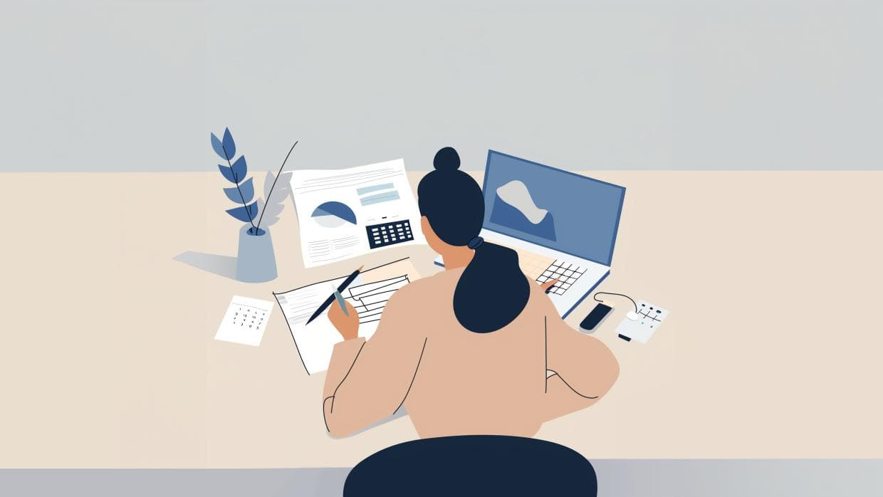 Žena pracuje s dokumenty a notebookem, správa osobních financí